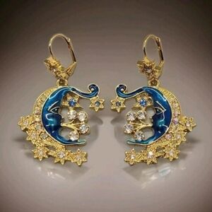 Vintage Estate Signed Crystal Blue Enamel Moon & Stars Gold Dangle Earrings